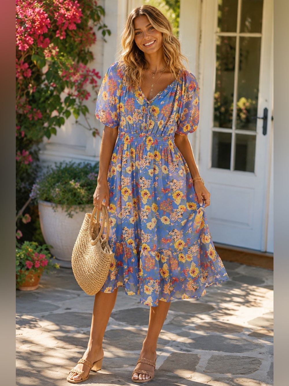 Umgee NWOT Size S Blue Floral Smocked Midi Dress Puff Sleeve Boho Cottagecore
